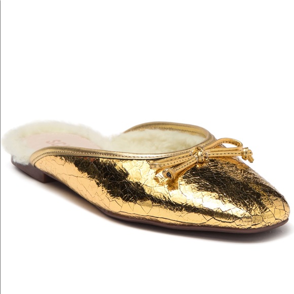 Schutz Evelin Metallic leather faux Shearling lined Gold Mule - Picture 1 of 10